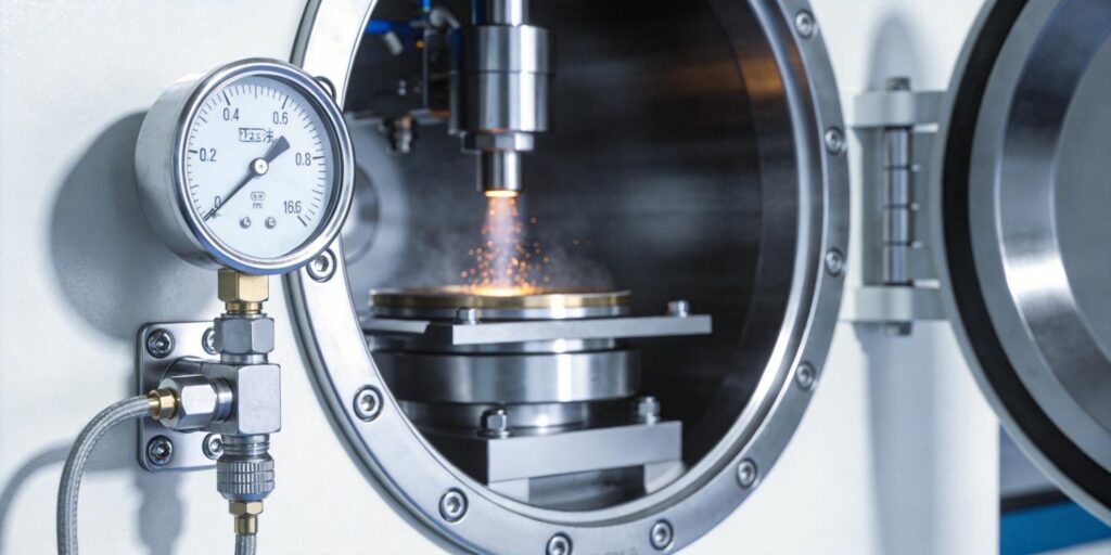 Vacuum gauge mounted on optical coating chamber
