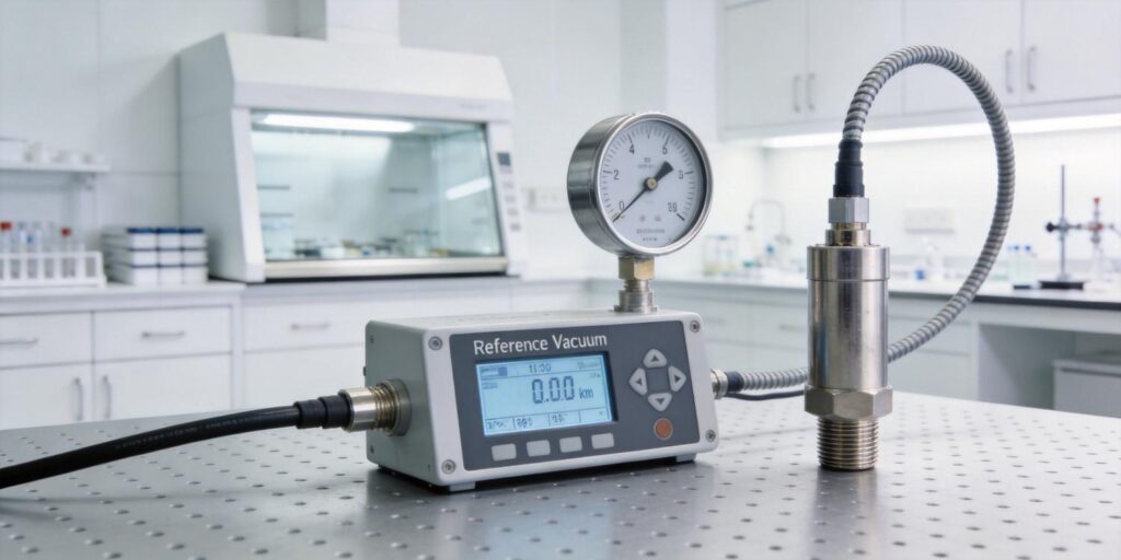 Vacuum gauge calibration bench with reference instrument