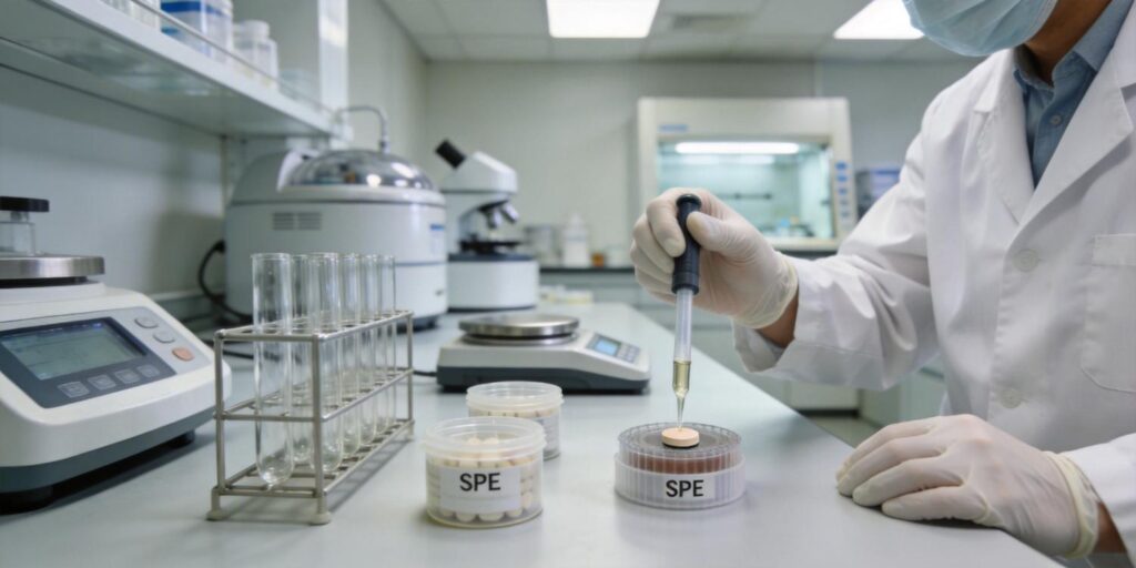 SPE cartridge purifying dissolved pharmaceutical tablet sample