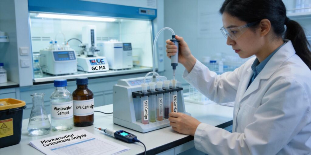SPE cartridge extracting pharmaceutical contaminants from wastewater samples