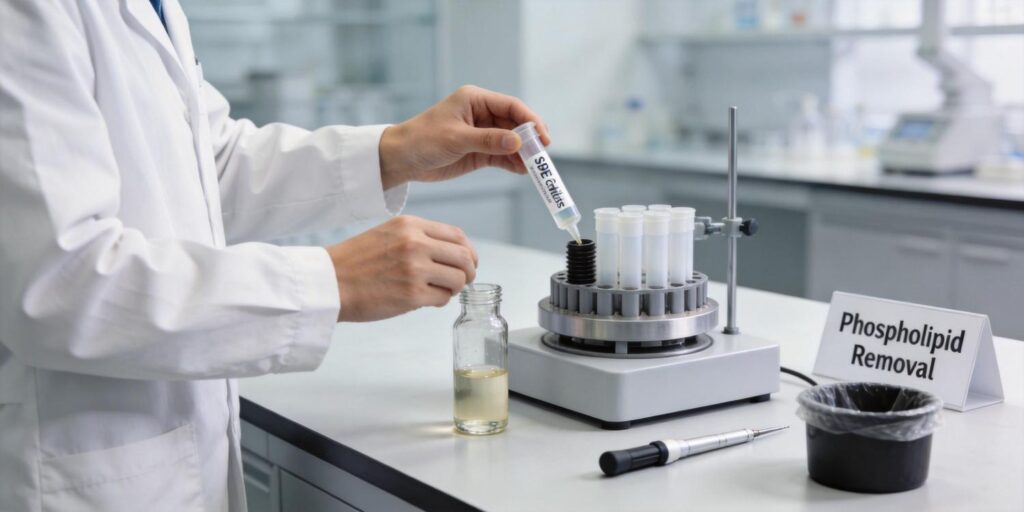 SPE cartridge workflow removing phospholipids from plasma samples during LC-MS sample preparation