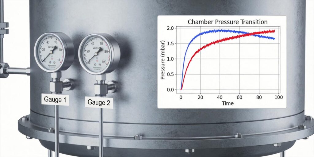 Dual vacuum gauges showing pressure transition on chamber