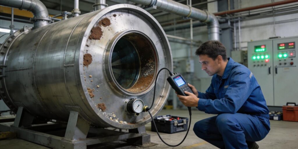 Technician inspecting vacuum gauge in industrial vacuum chamber