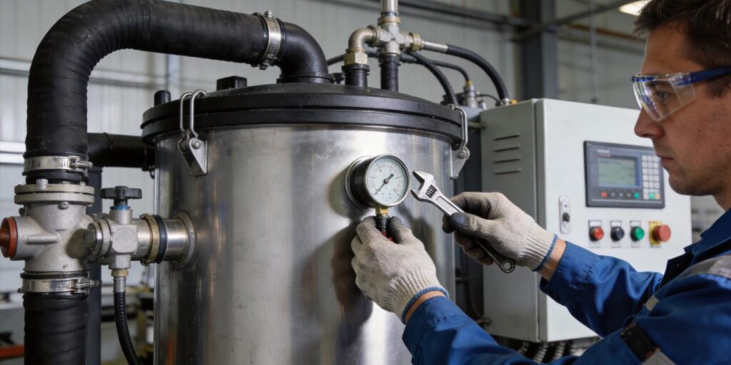Technician installing compatible vacuum gauge in industrial system