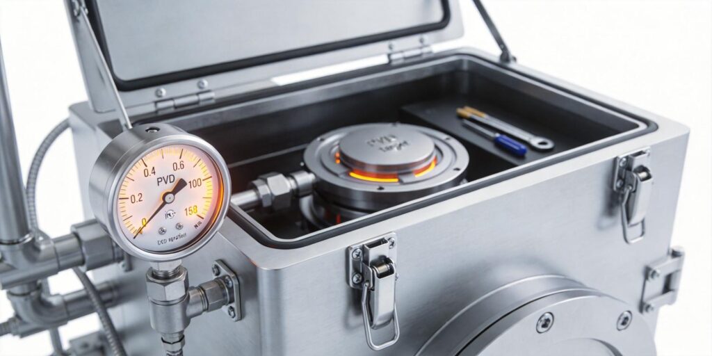 Vacuum gauge visible on PVD chamber during maintenance