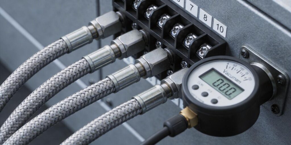 Shielded cable wiring connected to vacuum gauge in control cabinet