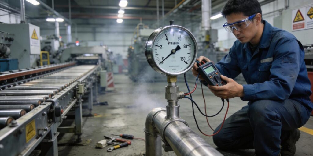 Technician inspecting vacuum gauge on industrial production line