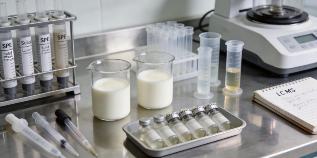 Laboratory workflow using SPE to analyze antibiotic residues in milk samples
