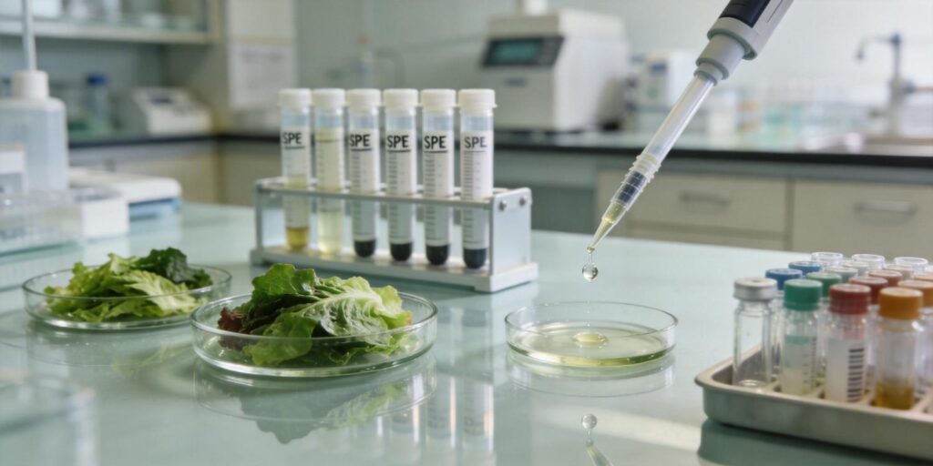 Solid phase extraction cleanup workflow for pesticide analysis in leafy vegetable samples