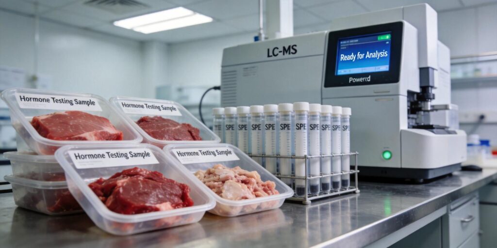 SPE purification workflow for detecting hormone residues in meat samples