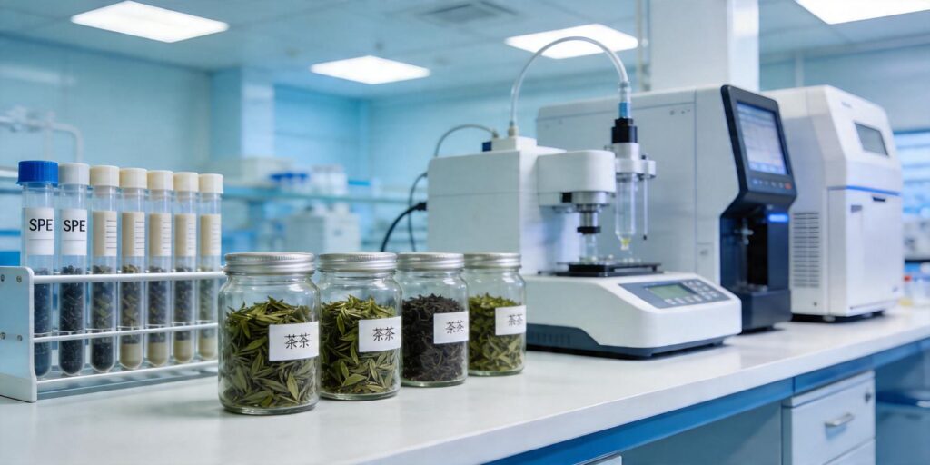 SPE purification of tea leaf extracts used for pesticide testing