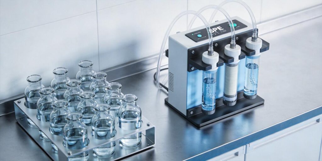 Environmental laboratory setup using SPE to concentrate pharmaceuticals from drinking water