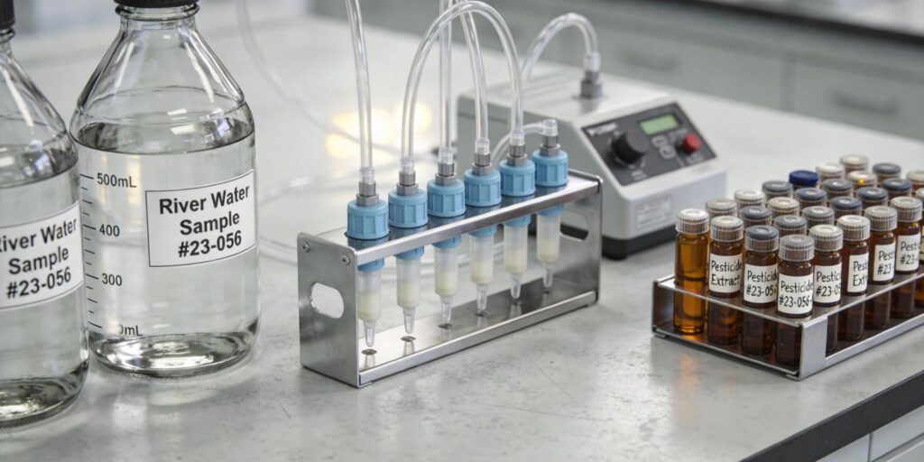 SPE cartridge extraction of polar pesticides from environmental surface water samples