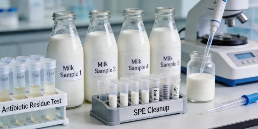 SPE purification of milk extracts used for veterinary drug testing