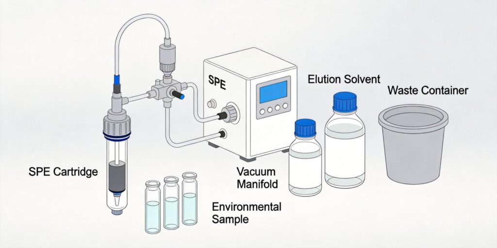 SPE cartridge extraction setup evaluating analyte breakthrough