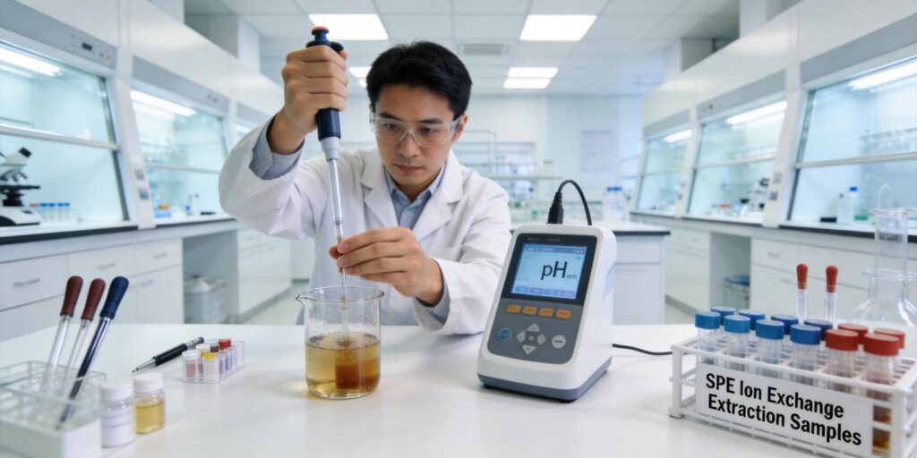 laboratory adjusting sample pH before ion exchange SPE extraction