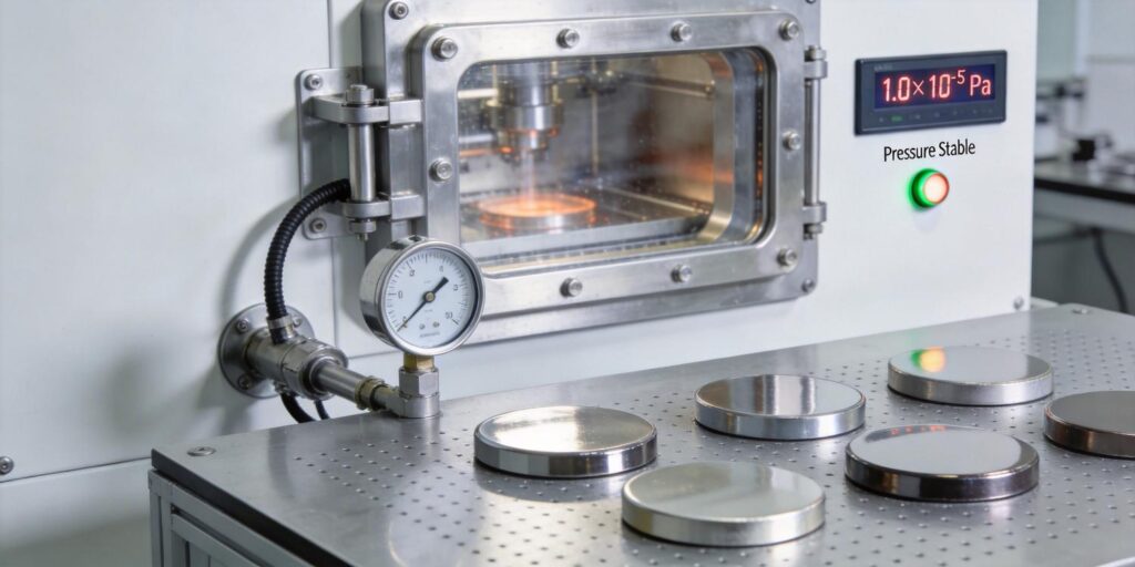 Vacuum gauge display showing stable high vacuum during coating