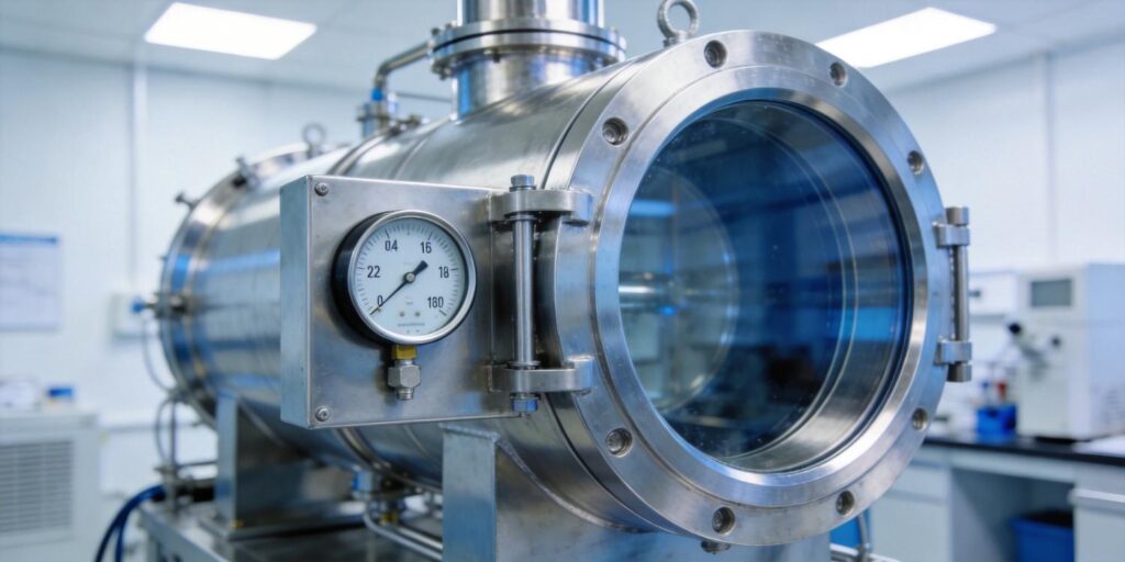Vacuum gauge mounted on university thin film research chamber