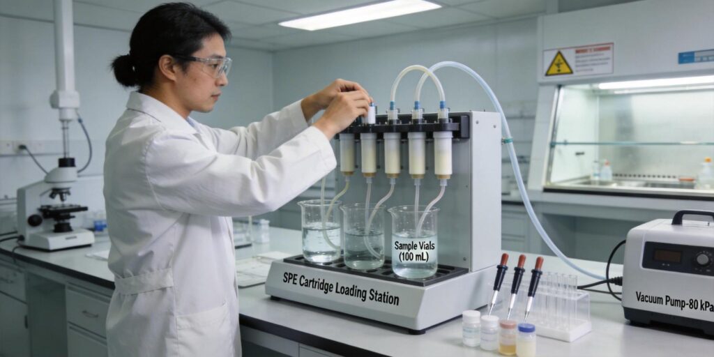 SPE cartridge concentrating trace contaminants from environmental water samples