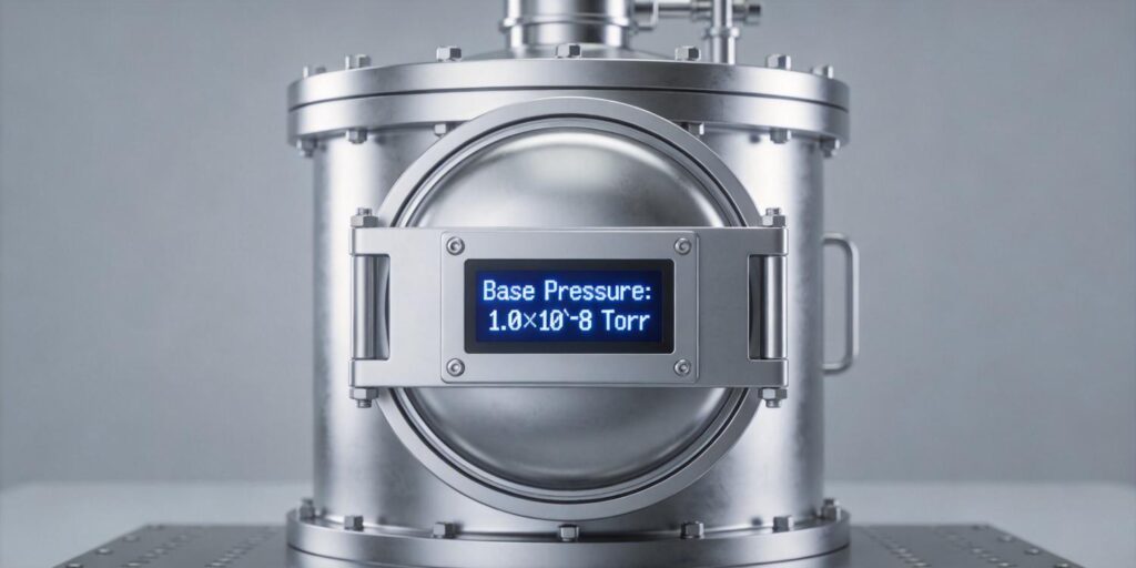 Digital vacuum gauge displaying base pressure in high vacuum chamber