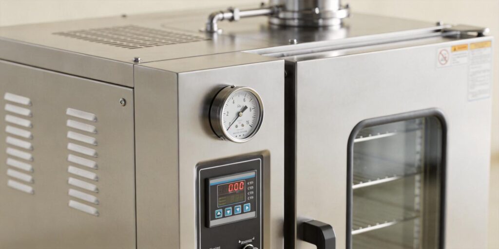 Vacuum gauge installed on industrial vacuum drying oven