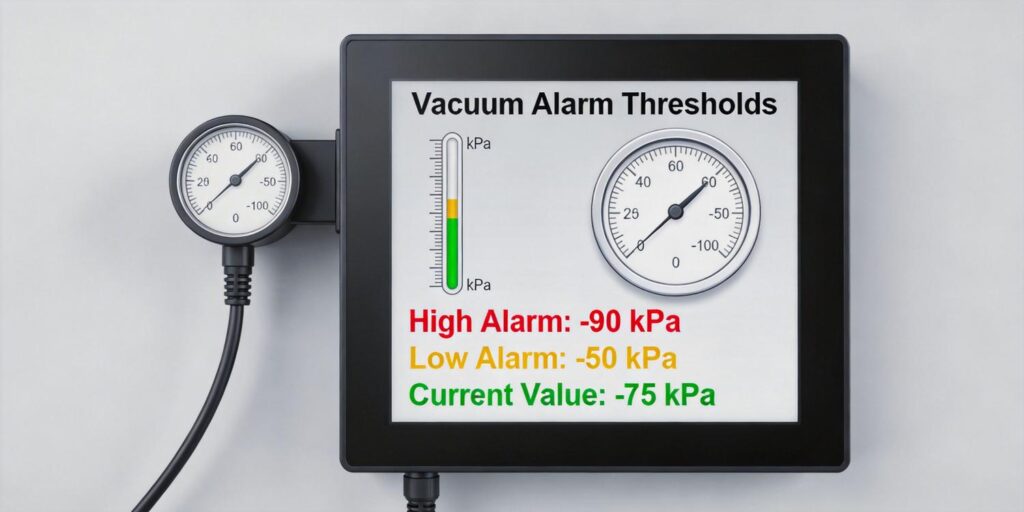 HMI screen showing vacuum pressure alarm settings