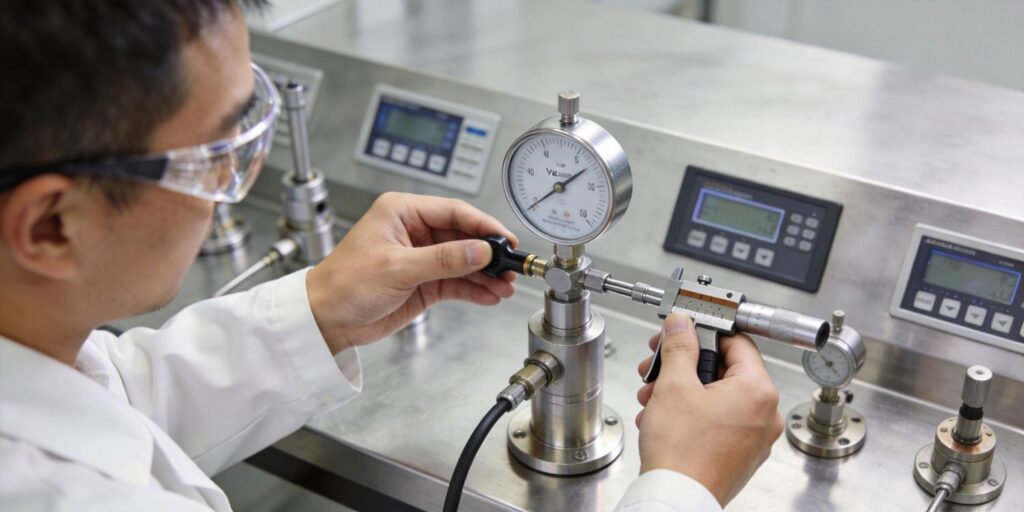 Technician calibrating vacuum gauge in laboratory