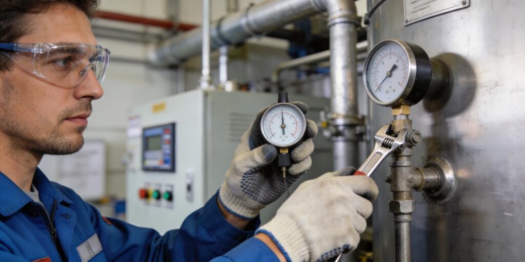 Technician replacing vacuum gauge in factory setting
