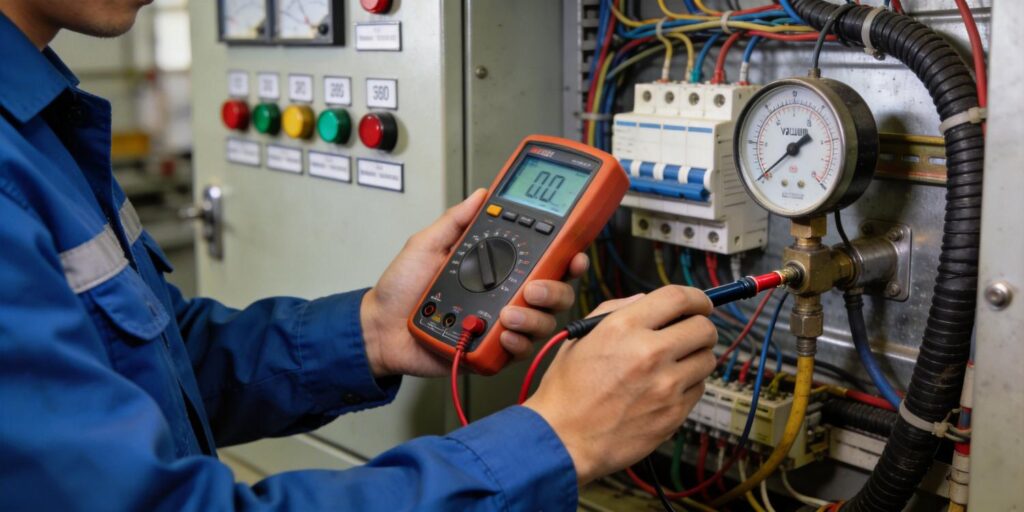 Technician testing vacuum gauge wiring with multimeter
