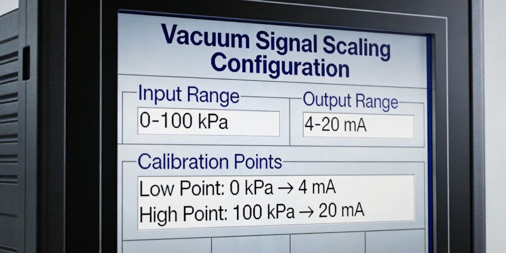 PLC screen displaying vacuum pressure scaling setup