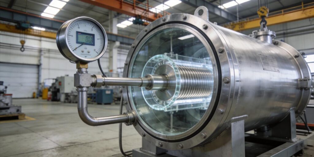 Vacuum gauge mounted on industrial metallizing chamber