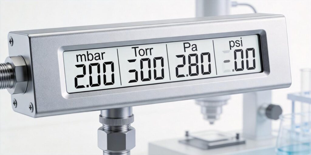 Digital vacuum gauge displaying pressure units