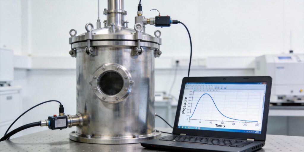 Vacuum chamber with pressure curve displayed during testing