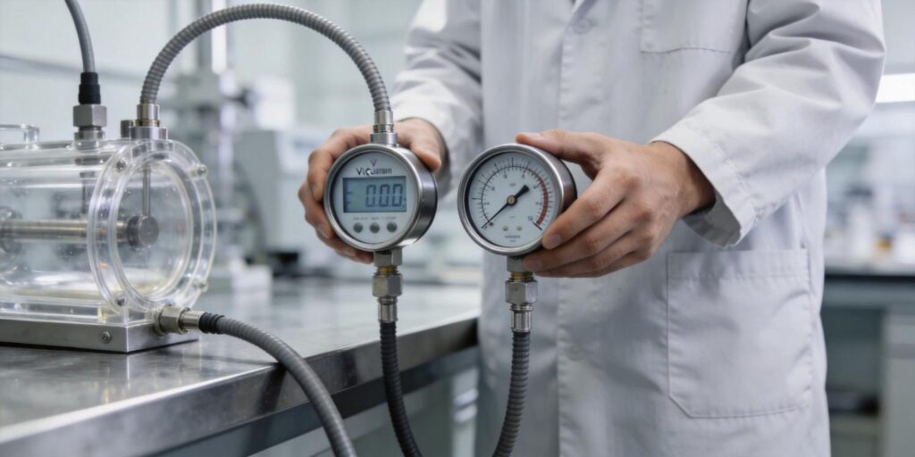 Technician verifying vacuum gauge accuracy in industrial setup