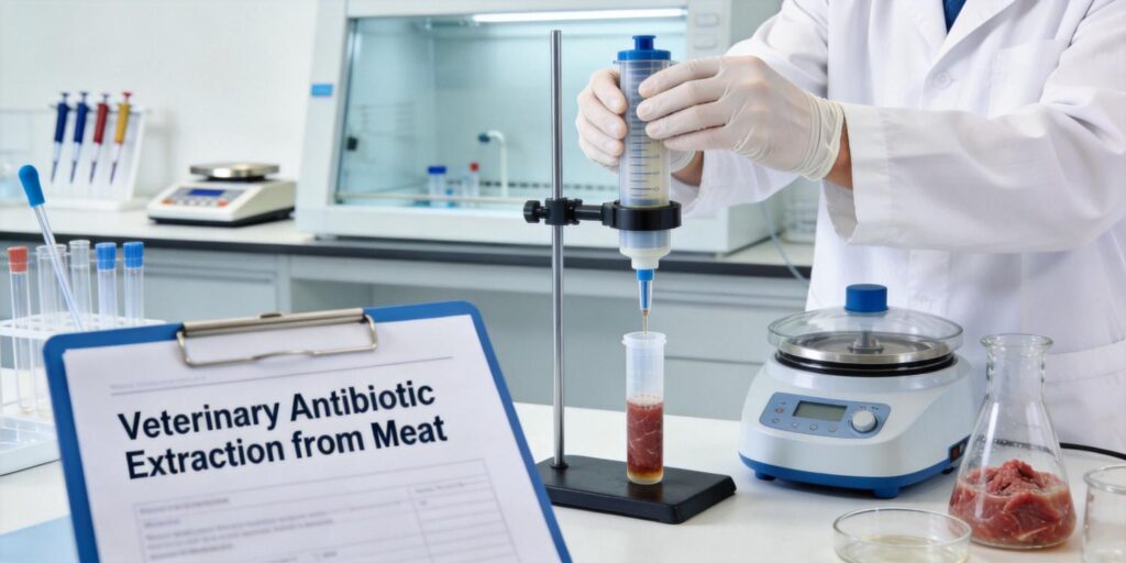 SPE cartridge extracting antibiotic residues from meat samples