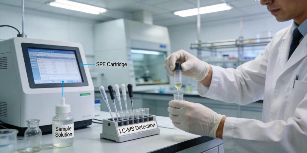 SPE extraction workflow analyzing veterinary drug residues in food samples