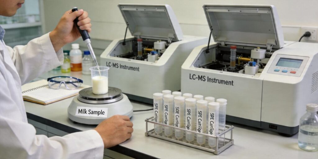 SPE cleanup of milk samples for veterinary drug residue testing