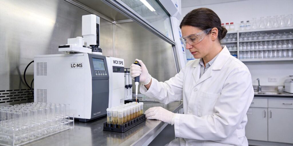 WCX SPE cartridge purifying basic pharmaceutical compounds from plasma samples