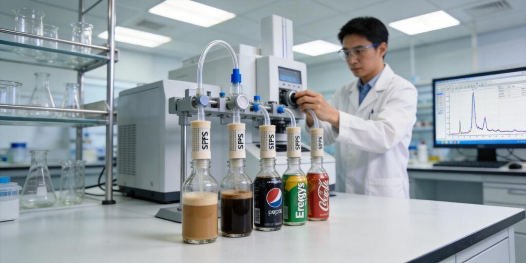 SPE cartridge extracting caffeine from beverage samples