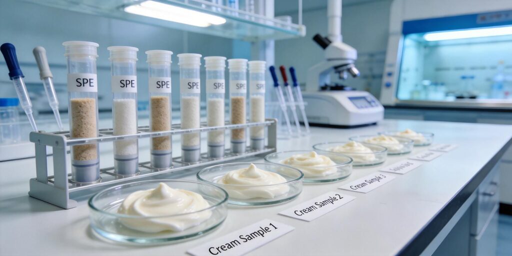 SPE cartridge extracting preservatives from cosmetic cream samples