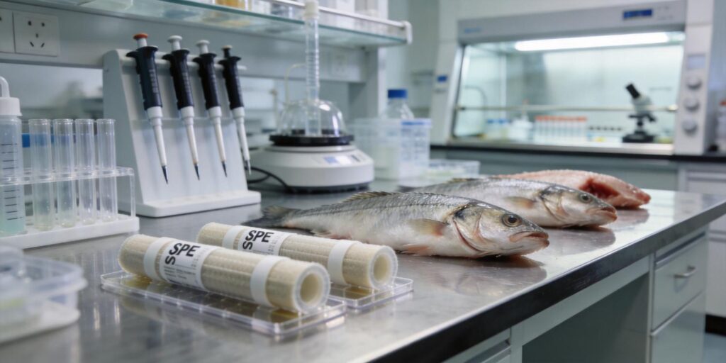 SPE cartridge extracting antibiotics from fish tissue samples