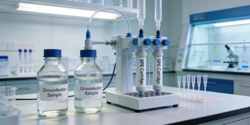 SPE cartridge extracting pesticide residues from groundwater samples