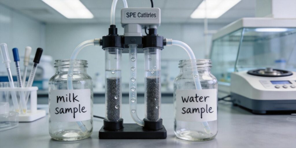 HLB SPE cartridge extracting antibiotics from milk and water samples in a laboratory