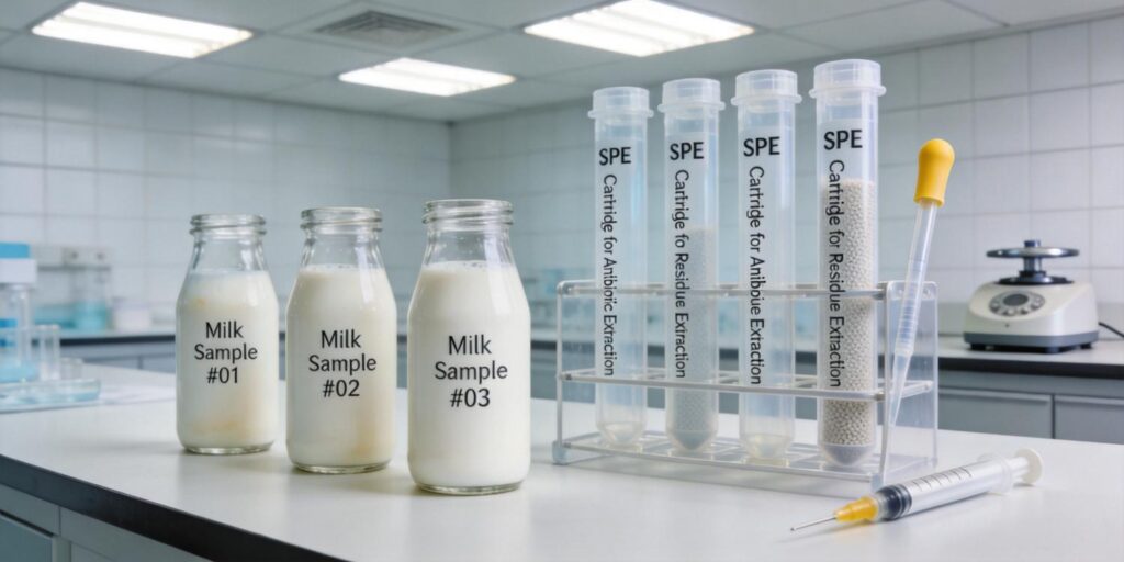 SPE cartridge extracting antibiotic residues from milk samples in a food safety laboratory