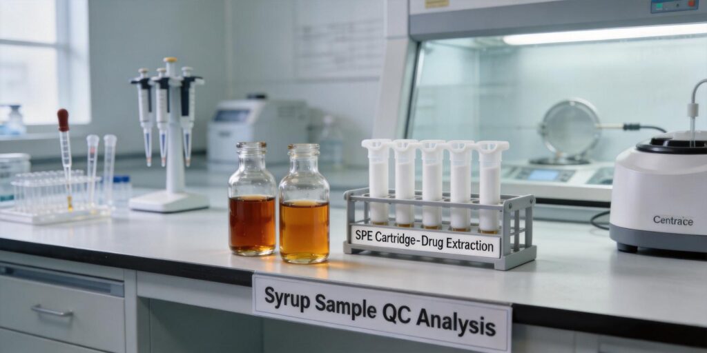 SPE cartridge extracting pharmaceutical compounds from syrup samples