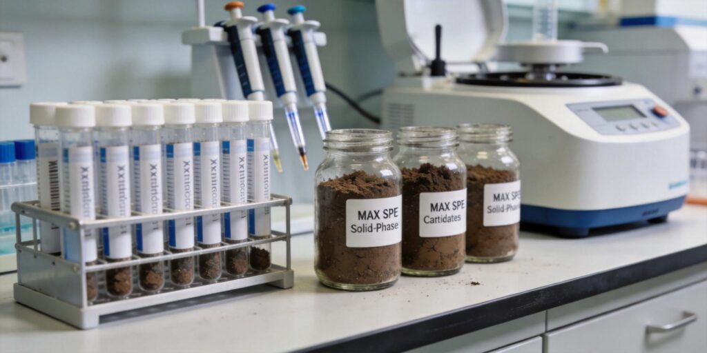 MAX SPE cartridge extracting acidic herbicides from soil sample extracts