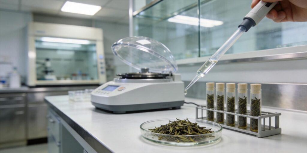 HLB SPE cartridge extracting pesticide residues from tea samples in a food safety laboratory