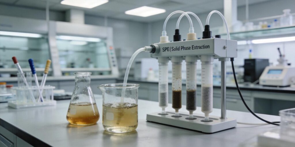 SPE cartridge extracting industrial pollutants from wastewater samples