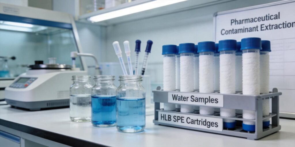 HLB SPE cartridge extracting pharmaceutical residues from wastewater samples