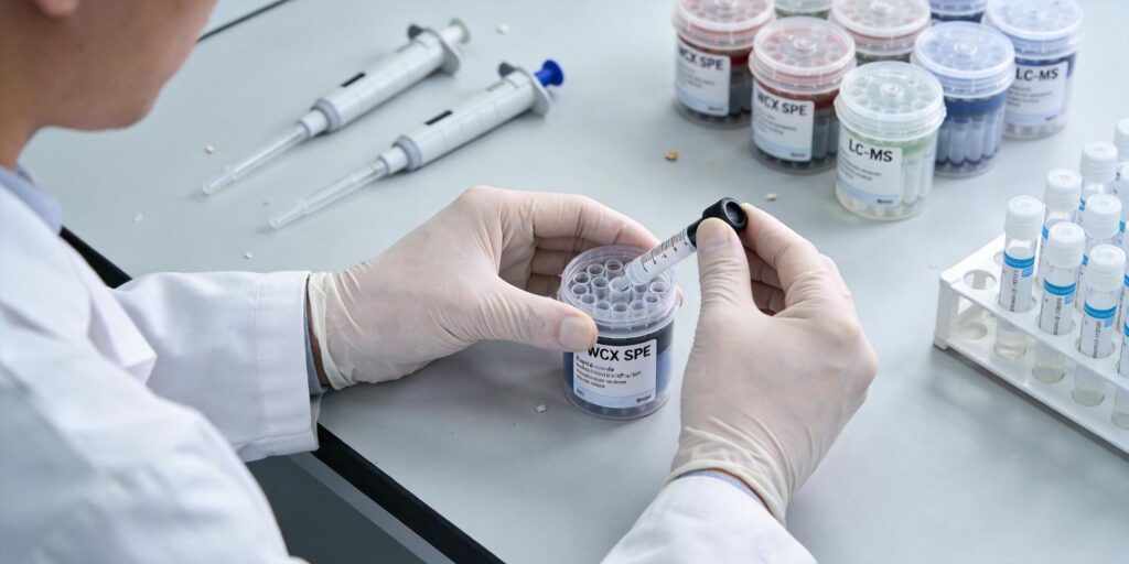 Laboratory workflow showing WCX SPE cartridge used for peptide biomarker extraction before LC-MS analysis
